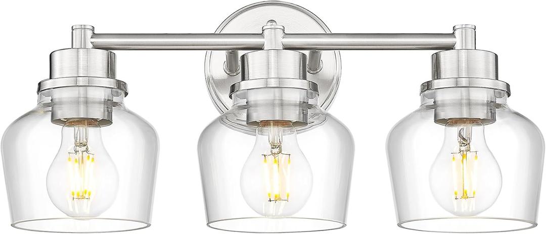Emak Bathroom Light Fixtures Over Mirror, Brushed Nickel Vanity Light with Clear Glass Shade, 3-Light Vanity Lights for Bathroom, Mirror, Makeup Desk, VL122-BN-CG-3