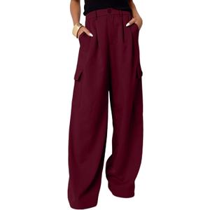 Dokotoo Womens High Waisted Wide Leg Cargo Pants Baggy Casual Work Pants with 4 Pockets (6, Burgundy)