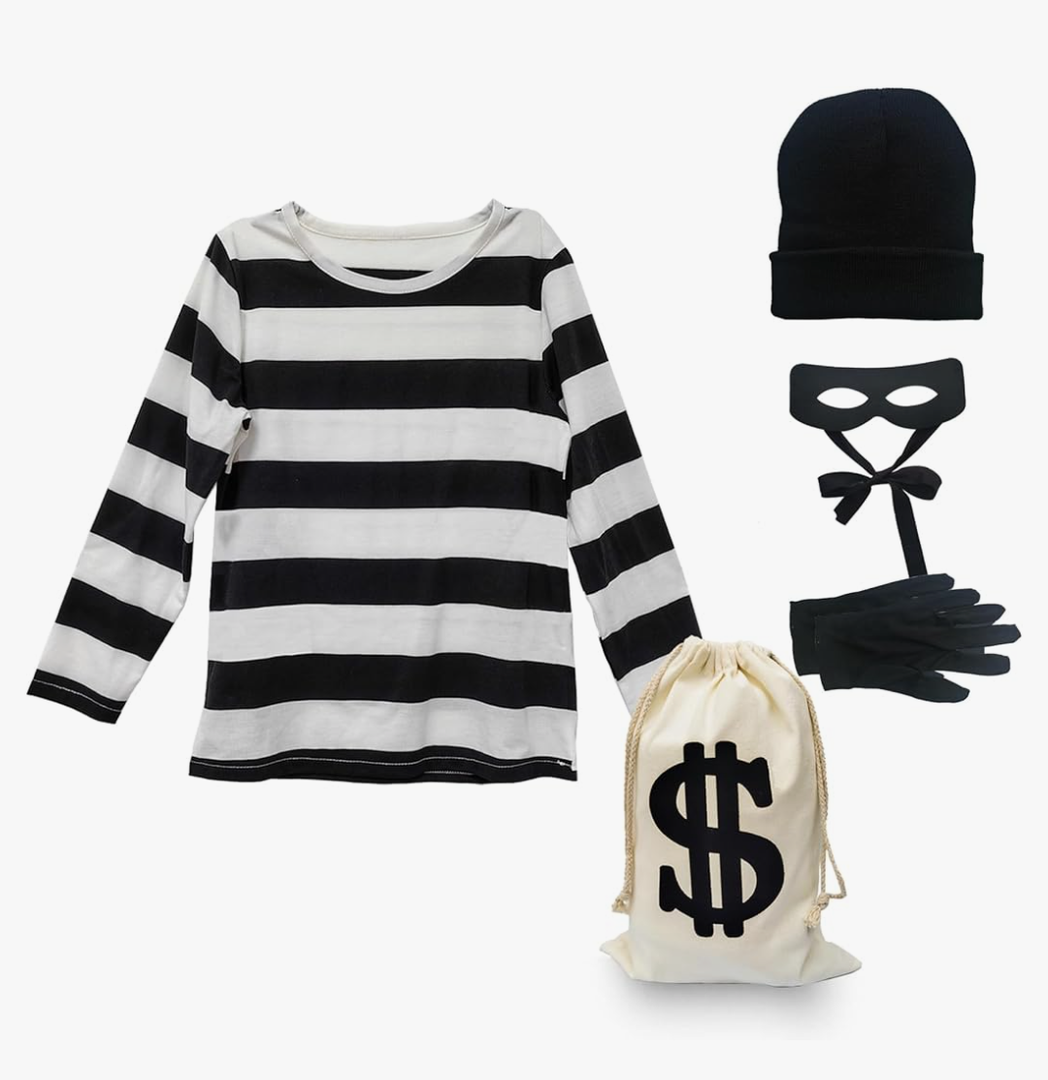 Kid's Robber Costume Set Cosplay Thief Accessories for Halloween Party Black and White Striped Knit Beanie Cap, XL