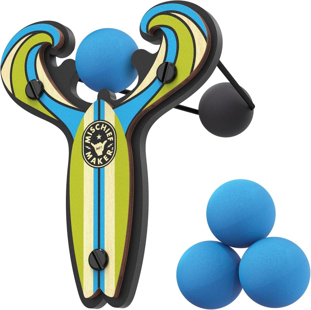 Mischief Maker Wooden Slingshot - Surfs Up Series - Real Wood Slingshot for Kids, 4 Soft Foam Balls and Storage Bag - Ages 4+