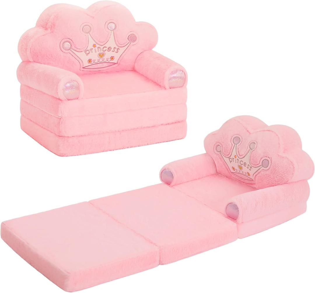 MOONBEEKI Toddler Chair ComfyFoldable Princess Couch for Girl, Toddler Recliners for Kids Over 18 Months, Kids Furniture for Bedroom and Playroom, Pink