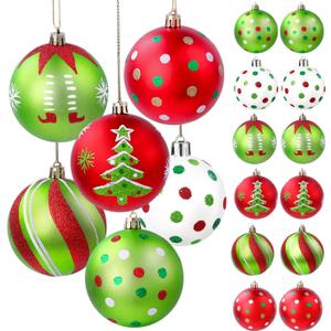Celltestria 18pcs Christmas Balls Ornament 2.4 Inch Red Green Glittering Hanging Christmas Balls for Tree Swirl Candy Cane Polka Dots Christmas Tree Baubles for Home Indoor Holiday Party Decor
