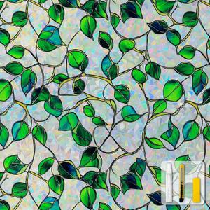 Window Privacy Film Stained Glass Decorative Static Clings Rainbow Window Tint for Home Room Decor Bathroom Door Car Stickers with Iridescent Effect, Removable(Blue & Green pothos Botanical) (45*157)