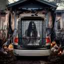 Halloween Trunk or Treat Car Decorations Kit Female Ghost Backdrop Banners Car Archway Garage Window Exterior Trunk or Treat Decor for Cars, SUV, Halloween Party Outdoor Supplies