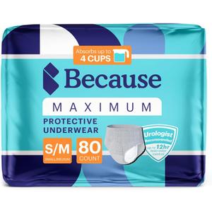 Because Maximum Incontinence Underwear for Men - Heavy Bladder Leak Protection, Ideal for Overnight Leakage, Sleek, Invisible Fit, Grey, Small/Medium -Absorbs 4 Cups - 80 Count (4 Packs of 20) Because Maximum Incontinence Underwear for Men - Heavy Bladder Leak Protection, Ideal for Overnight Leakage, Sleek, Invisible Fit, Grey, Small/Medium -Absorbs 4 Cups - 80 Count (4 Packs of 20)