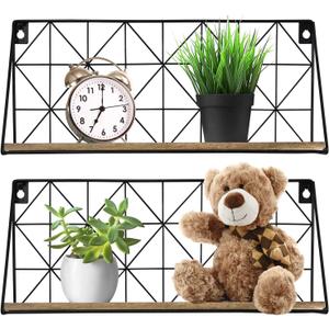 Greenco Geometric Mounted Floating, Home Decor, Metal Wire and Rustic Wood Wall Storage Shelves for Bedroom, Living Room, Bathroom, Kitchen, Office and More Set of 2