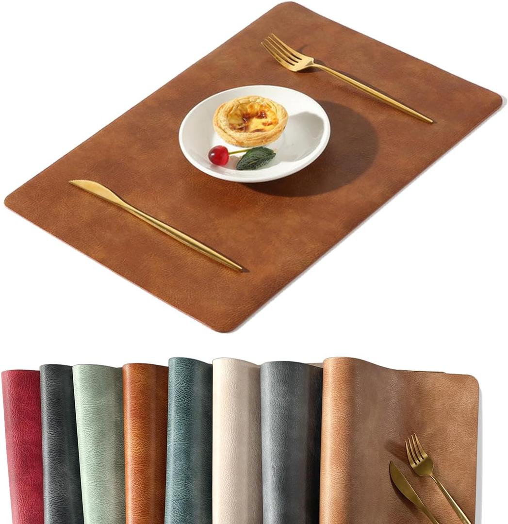 UnivoColors Washed Cowhide Pattern PU Leather Placemats Set of 4 Heat Resistant Kitchen Table Mats, Waterproof Wipeable for Party Decoration(Reddish Brown)