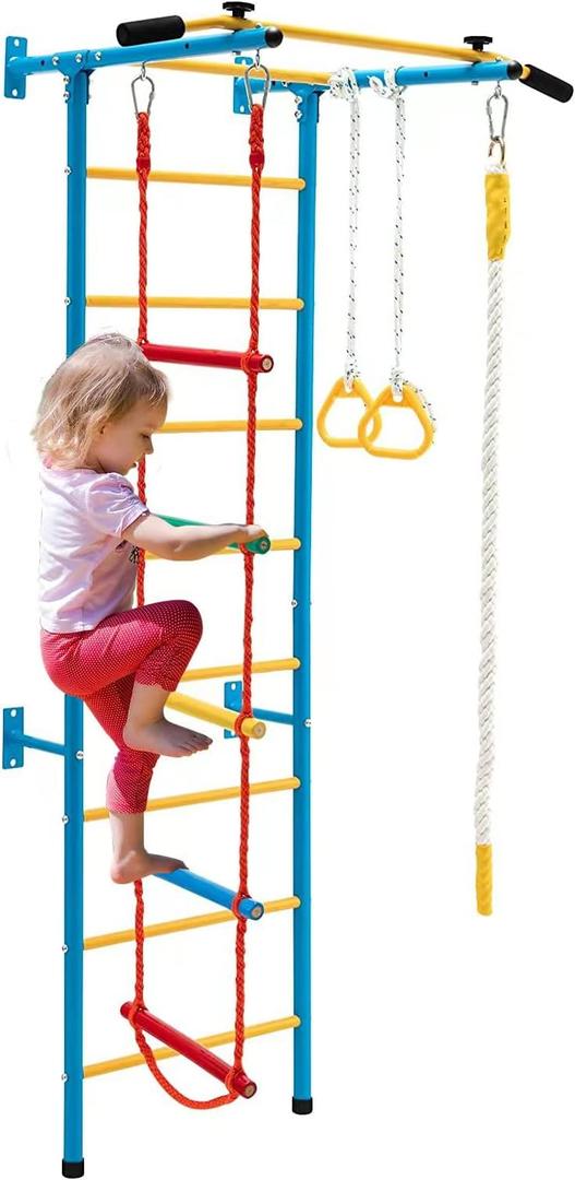 TONGMO Indoor Climbing Playground, Jungle Gym for Kids, Metal Swedish Ladder & Climbing Wall Playset, Sturdy Playground with Rope Ladder, Pull-up Bar, and Gymnastic Rings