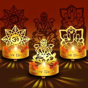 3 Pcs Lakshmi Ganesha Om Shadow Diya for Diwali Decoration Traditional Tea Light Holder Indian Return Gifts for Housewarming Religious Pooja Items Decorative Candle Light Stand for Home Office