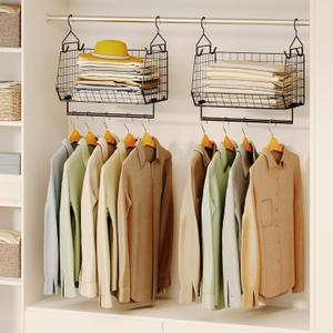 2 Tier Closet Hanging Organizer with Rod, Foldable Hanging Closet Organizer, Hanging Closet Shelves with 4 Hooks,Wire Hanging Storage Basket Bins for Clothing Sweater Socks Bag Wardrobe Black