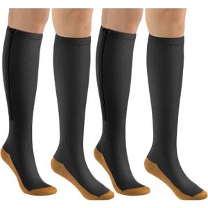 bropite Zipper Compression Socks Women & Men - 2Pairs Calf Knee High 15-20mmHg Closed Toe Compression Stocking (Large-X-Large, Black Copper)