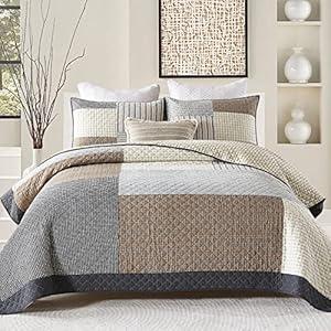 DUOHONG Quilts King Size - King Quilt Bedspread Sets, 100% Cotton Patchwork Quilt Bedding Set for King Bed, 3 Pieces Plaid Farmhouse Reversible Rustic Lightweight Comforter Spread, Brown/ Beige/ Gray