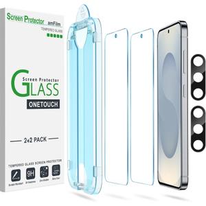 AmFilm Auto-alignment OneTouch for Samsung Galaxy S25+ Plus 6.7'' Screen Protector + Camera Lens Protector, Tempered Glass, 30 Seconds Installation, Bubble Free, Case Friendly, Anti-Scratch [2+2 Pack] | Auto-alignment, OneTouch, 6.7'', Tempered Glass, Bubble Free