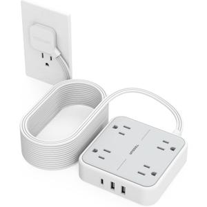 Surge Protector Long Extension Cord 25FT, TESSAN Flat Plug Power Strip with 4 Outlets 3 USB Ports (1 USB C), 900 Joules Protection, Multiple Wall Outlet Extender Suitable for Home Office Dorm, Grey