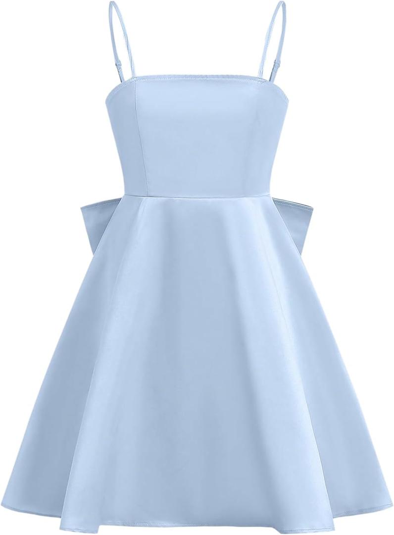MakeMeChic Girl's Bow Knot Sleeveless Cami Dress Elegant A Line Flared Short Dress (Blue, S)
