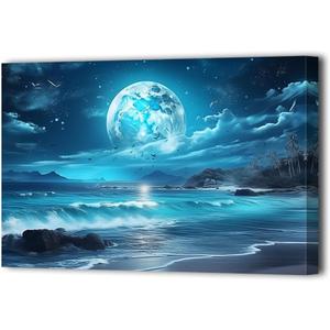 LURENCZH Ocean Moon Wall Art Large Moon Canvas Prints Night Beach Landscape Picture Painting for Living Room Office Decor Framed(Moon-3,16.00" x 24.00")