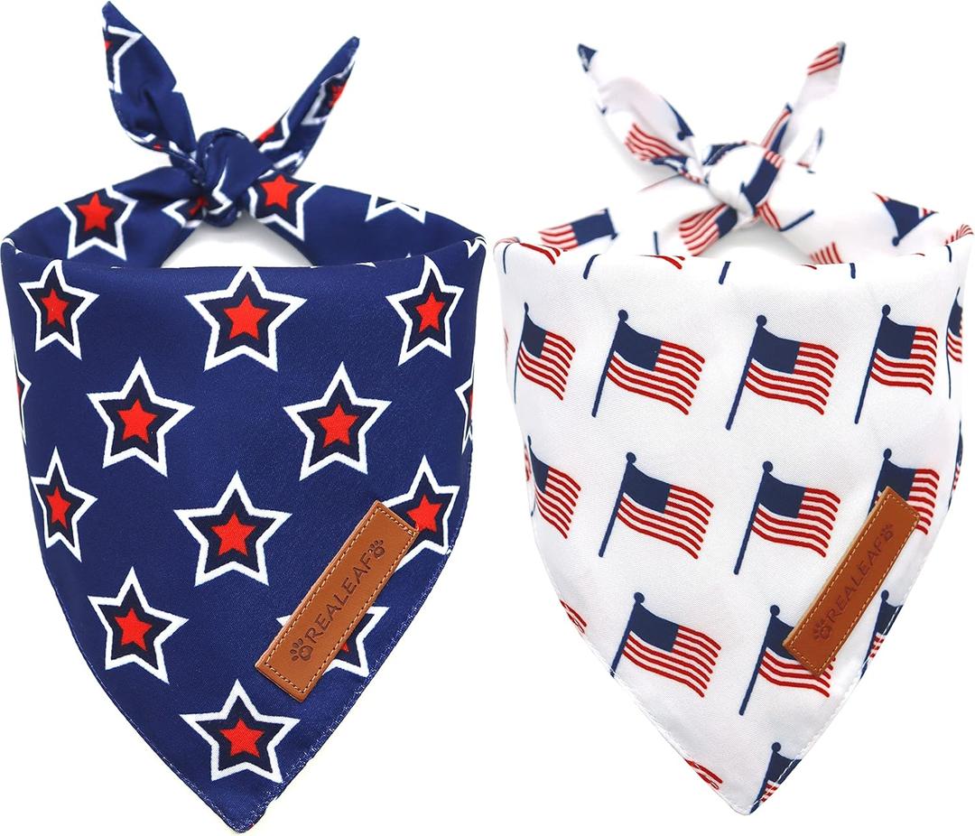 Realeaf American Flag Dog Bandanas 2 Pack, Triangle Reversible 4th of July Pet Scarf for Boy and Girl, Premium Durable Fabric, Patriotic Bandana for Small Medium Large and Extra Large Dogs (Large)