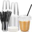 50 Pack 14 oz Clear Plastic Cups with Lids and Straws, Includes Paper Lid Liners, Disposable Crystal Iced Coffee Cups with Lids for Coffee Smoothie, Milkshake, Cold Drinks (black)
