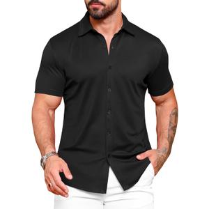 URRU Men's Muscle Dress Shirts Slim Fit Stretch Wrinkle Free Short Sleeve Casual Button Down Shirts (Large, Black)