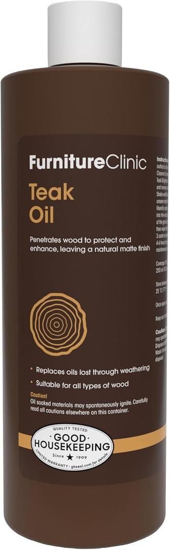 Furniture Clinic Teak Oil | Wood Oil Protects & Cleans Outdoor & Indoor Furniture, Boats, Shower Benches | Restore & Protect Wood, Prevent Drying & Other Damage | Natural Matte Finish | 17oz/500ml (500ml / 17 Fl Oz)