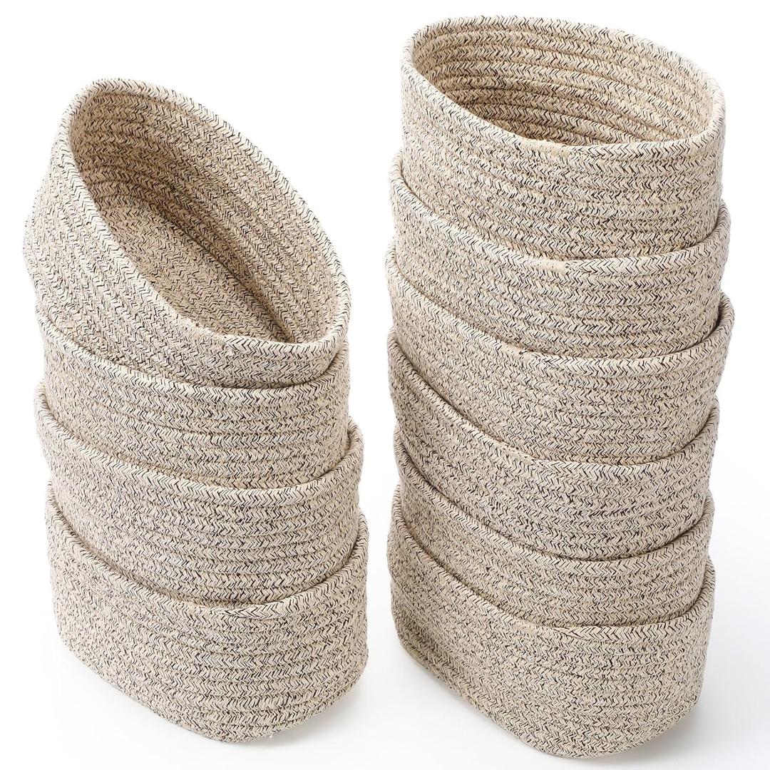 10 x 10 Pack Small Woven Baskets for Storage, Cotton Rope Decorative Organizer Storage Bins for Shelves, Closet, Nursery, Bathroom, 7.5"x5.5"x3.9" Tiny Boho Empty Gift Baskets (Linen)