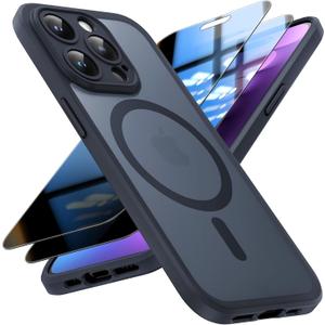 TOCOL Magnetic for iPhone 15 Pro Case with 2 Pack Privacy Screen Protector, Upgraded Full Camera Protection, Fit for Magsafe, Non-Slip, Drop Protection, Privacy Black