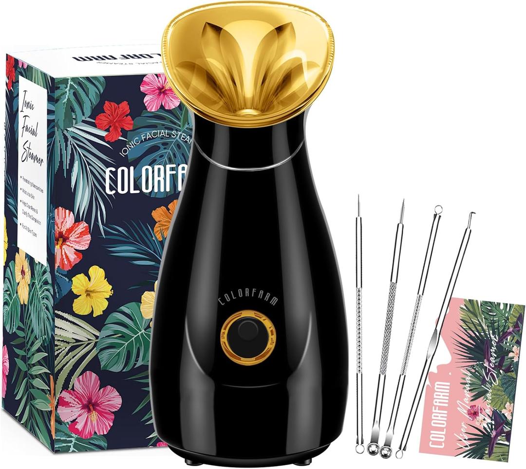Colorfarm Facial Steamer Nano Ionic: Face Steamer Deep Cleaning Unclogs Pores - Humidifier Hot Mist Home Sauna Spa for Women Men Sinuses Moisturizing (5 Piece set, 2- Black Gold)