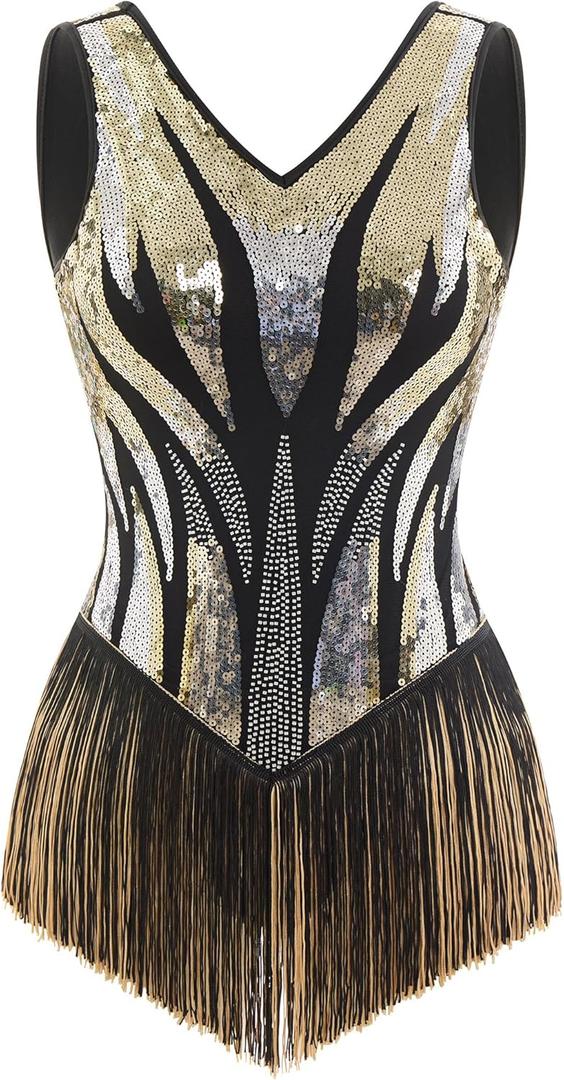 Women Sexy Sequin Fringe Bodysuit Gradient Sparkly Tassel Romper Latin Jazz Dance Leotard Acrobat Costume Disco Rave Outfits (M)