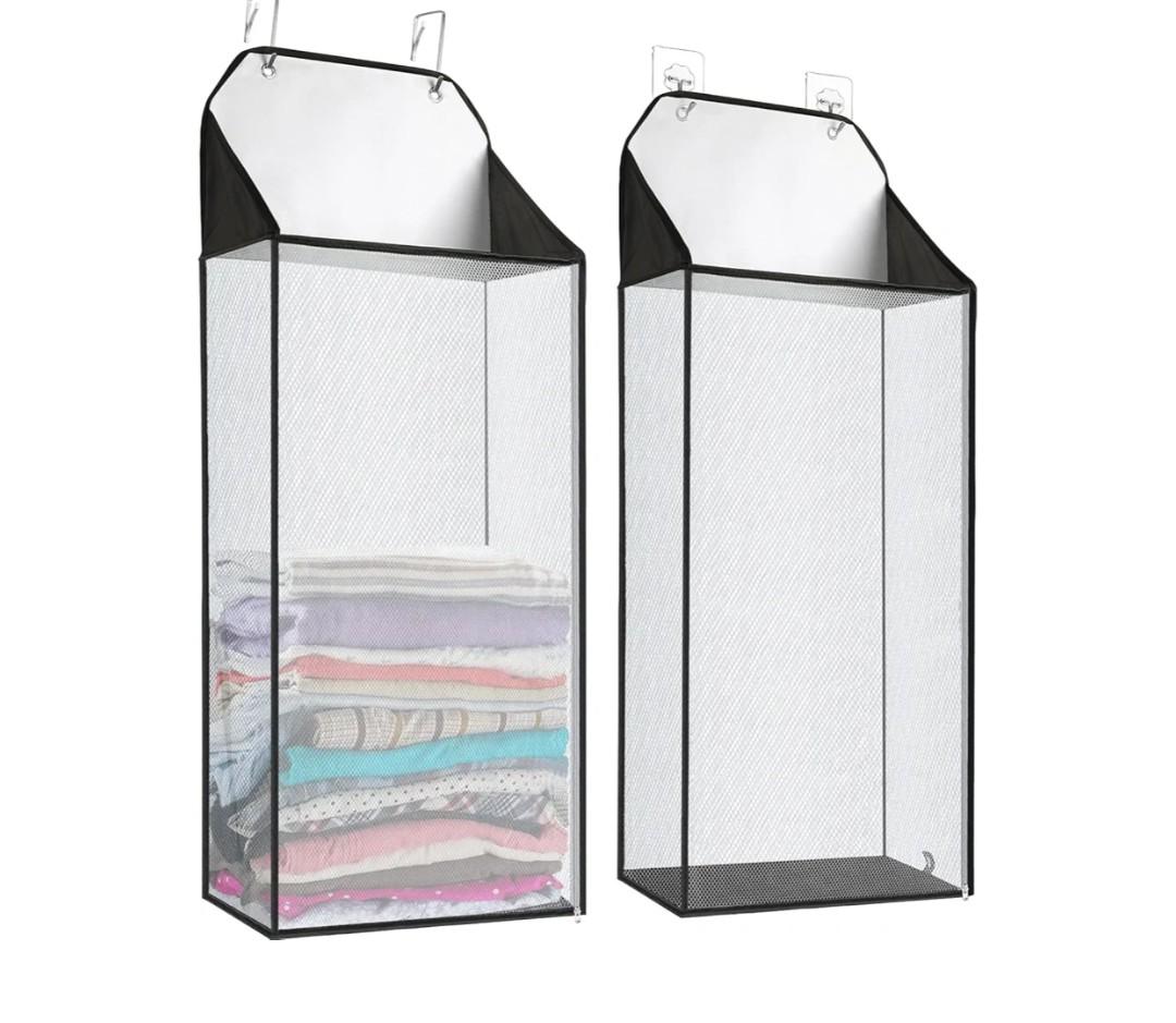 MaxGear Hanging Laundry Hamper, Over the Door Hamper with 2 Kinds of Hooks for Dirty Clothes Organizer, Mesh Wall Hanging Laundry Basket with Zipper for Bathroom, Wardrobe, Dormitory (Black-2 Pack)