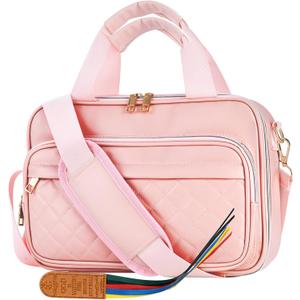 Bible Tote Bag with Ribbon Bookmark for Women & Men, Durable Leather Bible Cover w/Shoulder Strap and Handle, Large Capacity Multi-Pocket Bible Case, Elegant Gift for Church & Travel (A01-pink)