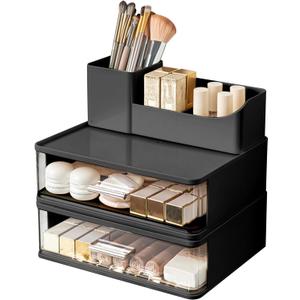 DASITON Makeup Organizer for Vanity with 2 Drawers, Stackable Cosmetic Organizer with Makeup Brush Holder, Plastic Bathroom Organizer Skincare Storage for Brushes, Eyeshadow, Lotions, Lipstick (Black)