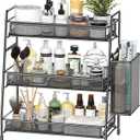 EKNITEY Bathroom Countertop Organizer Shelf - 3 Tier Counter Spice Rack Metal Makeup Rack Small Coffee Station Organizer for Sink/Bedroom/Living room/Kitchen/Office (Black with Basket)