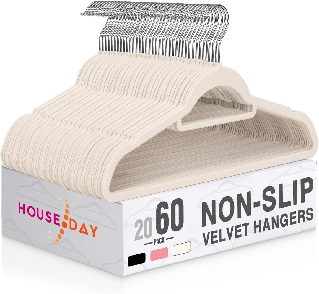 HOUSE DAY Velvet Hangers with Tie Bar 60 Pack Ivory, Clothes Hanger Non-Slip, Space Saving Felt Hangers for Pants, Coat, Suits, Shirt, Scarf, No Hanger Marks