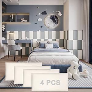 YLL YLL Peel and Stick Headboard White Upholstered Wall Panels Pack of 4 Panels 3D Anti-Collision Wall Padding Wall Mounted headboard Soundproof Wall Panels