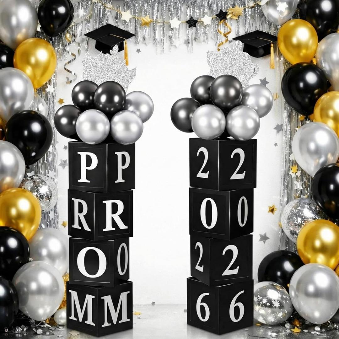 Skylety Prom Decorations 2026 - Prom Send off Backdrop Decor Column Standup Photo Booth with 20 Balloons 2 Crown Shape Cards for College High School Senior Night Congrats Grad