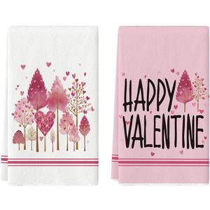 Artoid Mode Pink Love Heart Tree Happy Valentine's Kitchen Towels Dish Towels, 18x26 Inch Anniversary Wedding Decoration Cleaning Set of 2