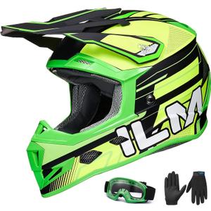 ILM Youth Kids Dirt Bike Helmets ATV Motocross Motorcycle Off-Road Dirtbike Full Face Dot Four Wheeler Helmet Combo Gloves Goggles for Boys Girls Model H613(Fluorescent, Small)