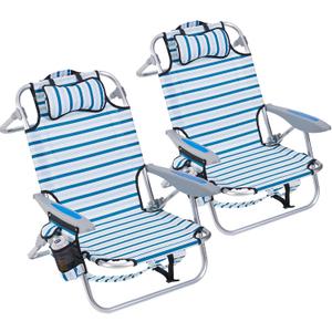 2 Pack Lightweight Portable Camping Beach Chair for Adults, Outdoor Lay Flat Folding Beach Chairs with 5 Positions, Backpack Beach Chair with Towel Bar, Zipper Pouch, Cup Holder, White Striped