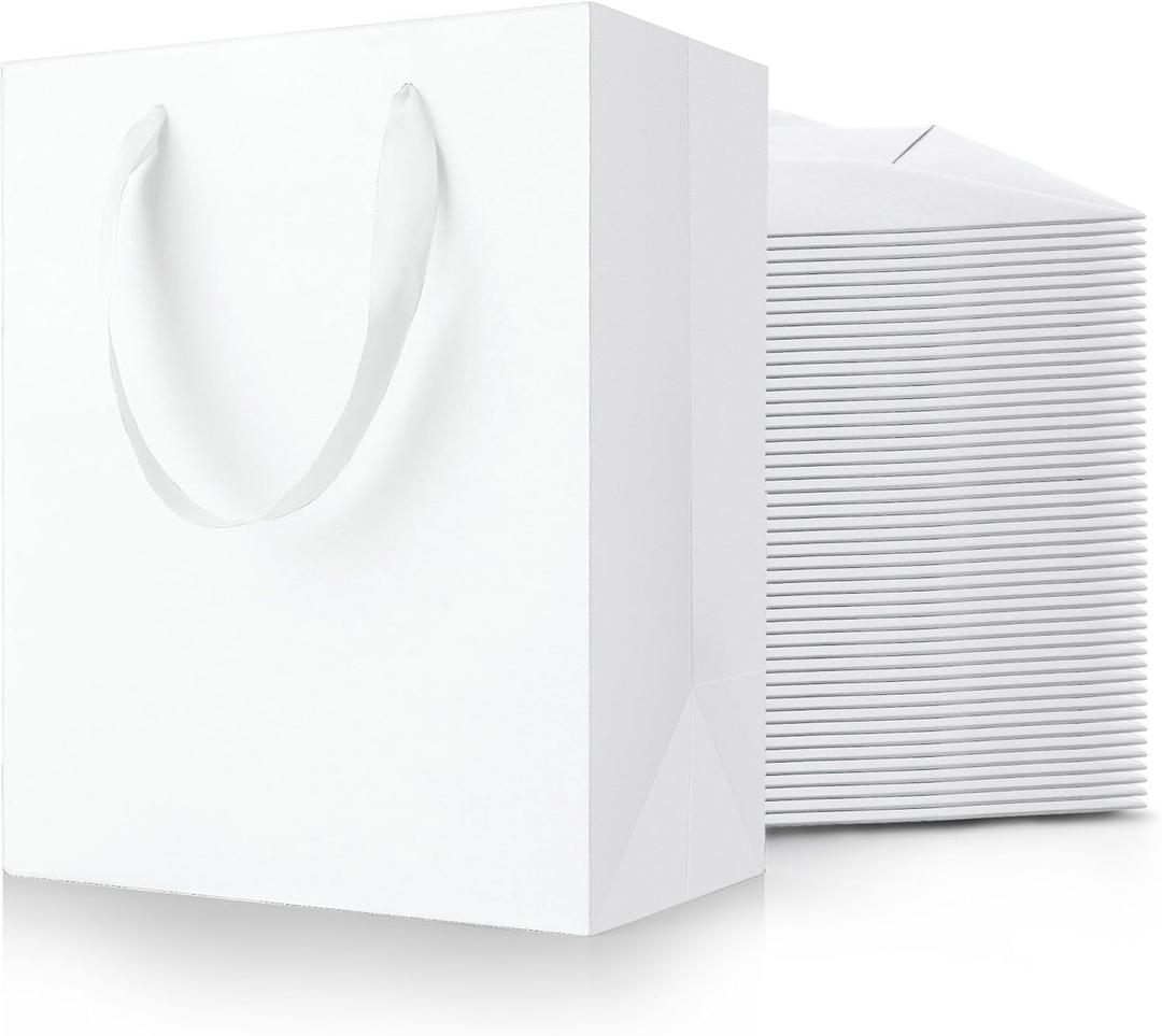 White Gift Bags With Handles: 8x5x10 Inch 50pcs Medium Paper Gags Bulk For Birthday Wedding Party Shopping(Medium, 50)