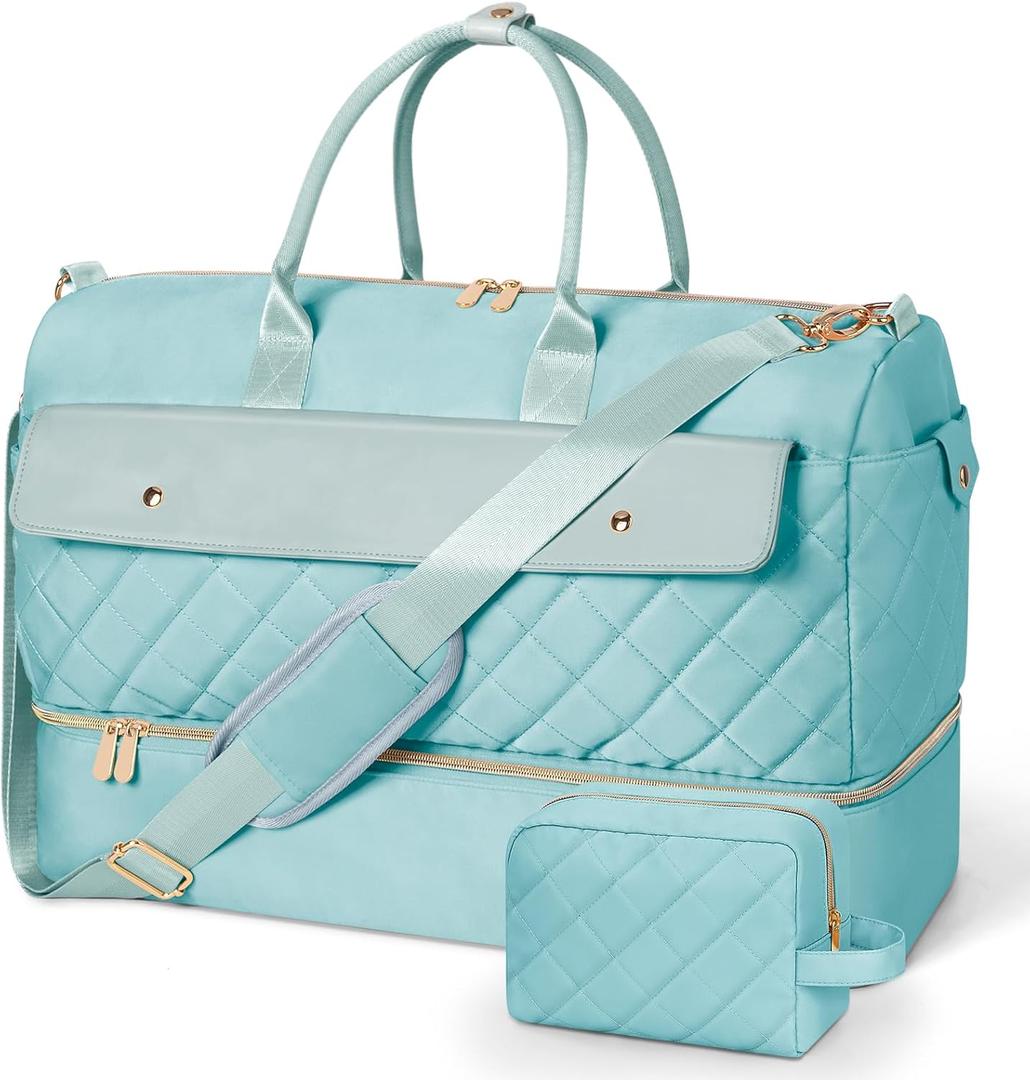 Wedama Travel Duffel Bag, Large Weekender Bag for Women with Shoe Compartment, Carry on Overnight Bag with Toiletry Makeup Bag, Gym Duffel Bag Travel Tote Bag for Travel Gym Camping Hospital, Blue