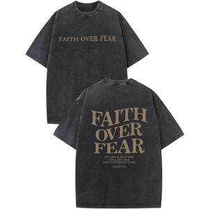 Christian Faith Over Fear Shirt for Men Jesus Religious Shirts Oversized Graphic Tees Acid Wash God T-Shirt (Medium, Black)