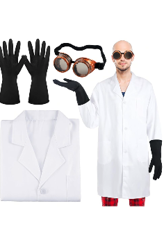 Mepase 3 Pcs Men's Mad Scientist Costume Accessories Doctor Outfit with Lab Coat Steampunk Goggles Black Gloves Fun Costume Cosplay for Halloween Cosplay Dress up Party, XL