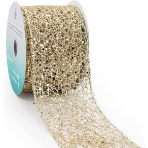 CT CRAFT LLC Sparkling Glitter Mesh Wired Ribbon 2.5" x 10 Yards Champagne Gold for Christmas Home Decor Bow Gift Wrapping DIY Crafts Wreath