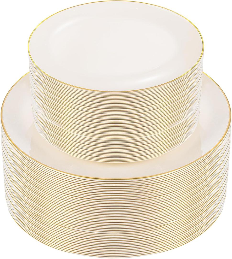 PULOTE 100PCS Ivory Plastic Plates - Cream Plastic Disposable Heavy Duty for Party & Wedding - Include 50 Each (Dinner & Dessert) Plates