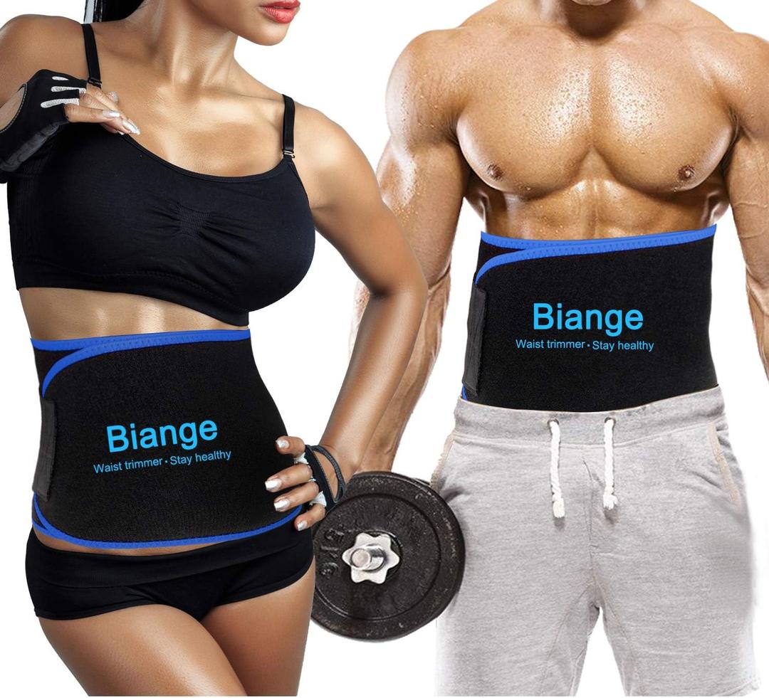 Biange Waist Trainer for Women Men Sweat Belt Waist Trimmer Belly Band Stomach Wraps (L(45  9), 1 * Blue & Black)