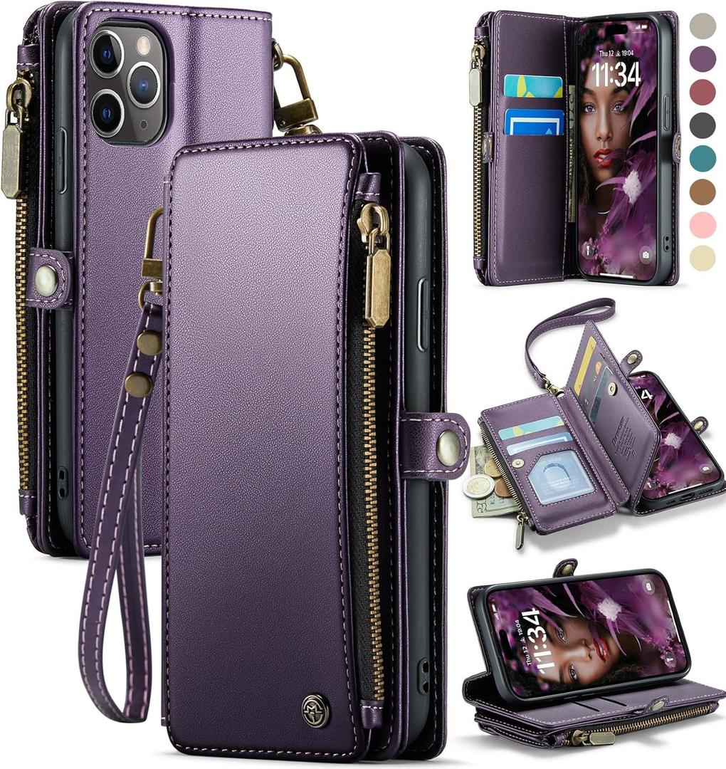Defencase Compatible with iPhone 11 Pro Case Wallet with RFID Blocking Card Holder for Women Men, Soft PU Leather Magnetic Snap Flip Zipper Strap Wallet Phone Case Fit for iPhone 11 Pro 5.8", Purple