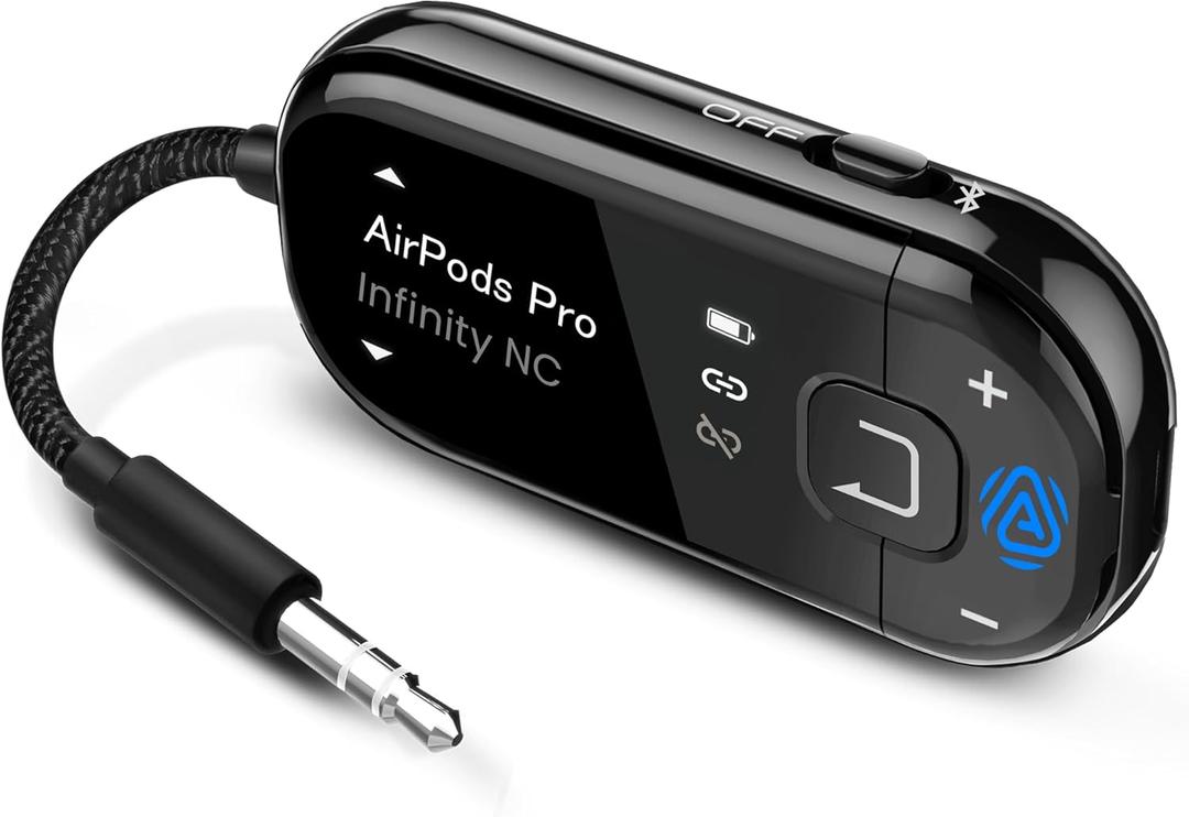 Avantree Voyager  OLED Display & Latest Auracast Bluetooth 5.4 Adapter for Airplane, Qualcomm Chip & aptX Adaptive, Wireless Audio Transmitter for Headphones, AirPods, Travel & Flight (Black)