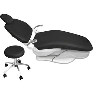 4Pcs/Set Protective Dental Chair Covers PU Leather Waterproof Elastic Seat Cover Headrest Backrest Round Cushion Protection Reusable Washable Wipeable Dentist Office Equipment Upholstery Case (Black)
