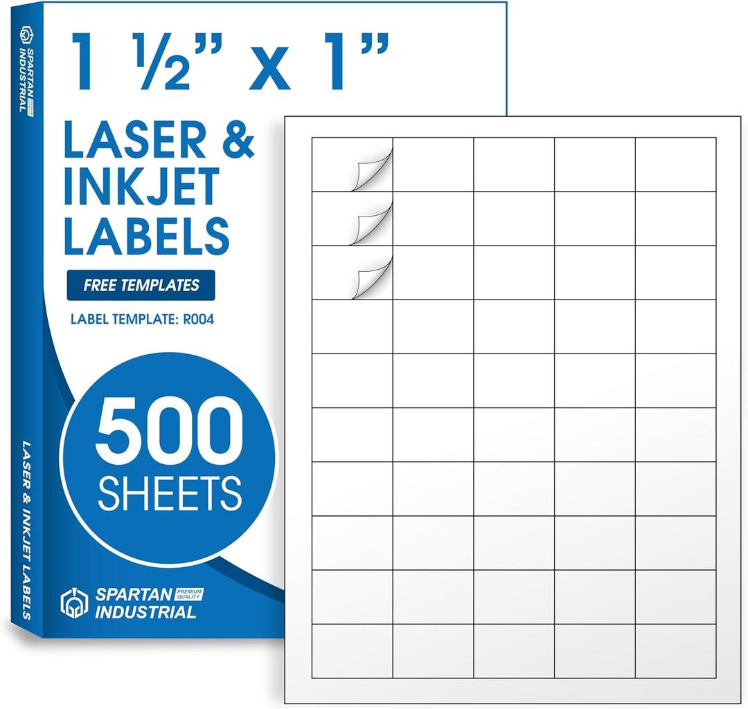 1 1/2" X 1" Printable Labels Compatible with Inkjet and Laser Printers - 500 Sheets, 25000 Total Paper Stickers for Return Addresses, UPC and EAN Barcodes - Spartan Industrial Template R004