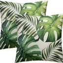 Summer Green Leaf Throw Pillow Cover 18x18 Inch Pack of 2 Tropical Palm Leaves Cushion Pillow Case Square Cotton Botanical Plant Leaf Pillowcase for Party Bed Sofa Home Car Bedroom Outdoor